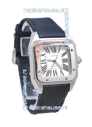 Cartier Santos 100 Japanese Ladies Replica Watch in Black Satin Strap