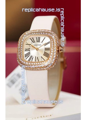Coussin De Cartier Rose Gold Swiss Replica Watch White Strap 