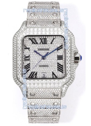 Cartier "Santos De Cartier" Stainless Steel W/ Diamonds Roman Dial 1:1 Mirror Replica - 40MM - Genuine Diamonds