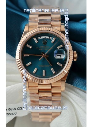 Rolex Day Date Super Clone Rose Gold Blue Dial Crystal Numerals Watch 36MM - 1:1 Mirror Quality