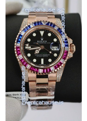 Rolex GMT Masters Super Clone Diamonds Swiss watch with Rose Gold 904L Case - 1:1 Mirror Quality