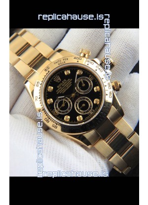Rolex Daytona Japanese Movement Gold Casing Replica Watch in Black Dial 