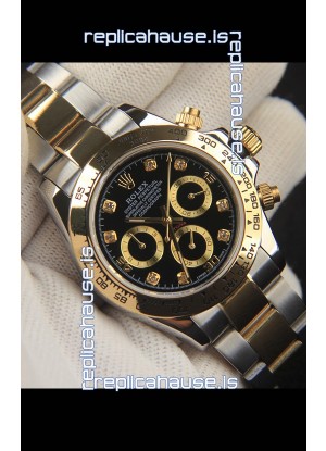 Rolex Daytona Japanese Movement Two Tone Gold Casing Watch in Black Dial 