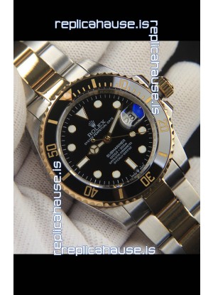 Rolex Submariner Japanese Replica Watch 904L 2 Tone Yellow Gold - Ceramic Bezel in Black