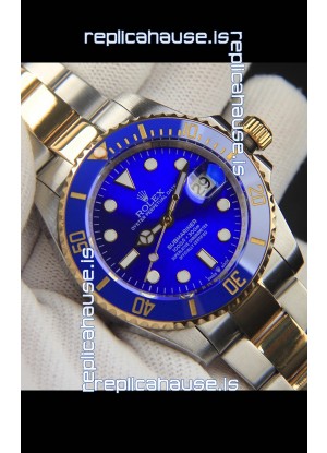 Rolex Submariner Japanese Replica Watch 904L 2 Tone Yellow Gold - Ceramic Bezel in Blue