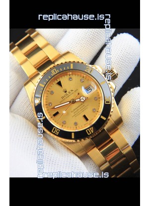Rolex Submariner Japanese Replica Watch in Yellow Gold Casing Black Bezel