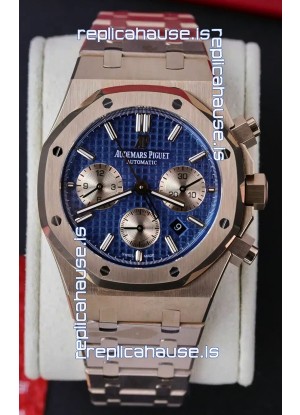 Audemars Piguet Royal Oak Chronograph Rose Gold Blue Dial Steel Strap Swiss Replica Watch