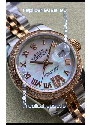 Rolex Datejust 28MM Swiss Replica in 904L Rose Gold Two Tone Case in Pearl Dial - 1:1 Mirror Replica