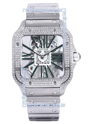 Santos De Cartier Watch in Skeleton Dial - Diamonds Bezel in Steel Casing Swiss Replica