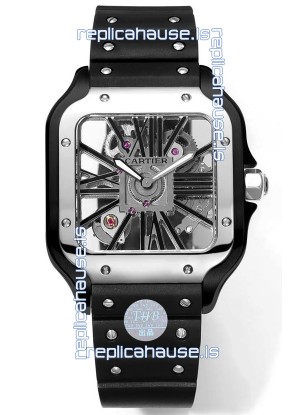 Santos De Cartier Watch in Skeleton Dial - DLC Coated Casing & Steel Strap in Rubber Strap