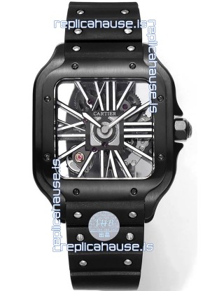 Santos De Cartier Watch in Skeleton Dial - DLC Coated Casing & Bezel in Rubber Strap