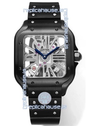 Santos De Cartier Watch in Skeleton Dial - DLC Coated Casing in Rubber Strap
