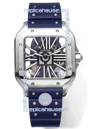 Santos De Cartier Watch in Skeleton Dial - Stainless Steel Casing Blue Rubber Strap