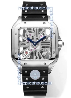 Santos De Cartier Watch in Skeleton Dial - Stainless Steel Casing & Bezel Black Rubber Strap