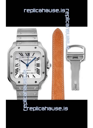Cartier "Santos De Cartier" Mens XL 1:1 Mirror Replica Watch in Stainless Steel Casing - White Bezel