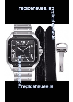 Cartier "Santos De Cartier" Mens XL 1:1 Mirror Replica Watch in Stainless Steel Casing - Black Bezel