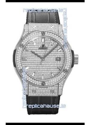 Hublot Classic Fusion Automatic Steel Diamonds Paved Dial Grey Strap 42MM Superclone Replica Watch 