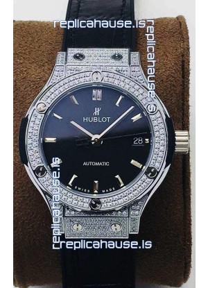 Hublot Classic Fusion Diamonds Steel Black Dial 38MM Swiss Replica Watch 1:1 Mirror Quality
