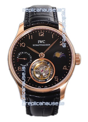 IWC Portugese Hand-Wound Genuine Tourbillon Black Dial Rose Gold Casing Swiss Replica Watch 