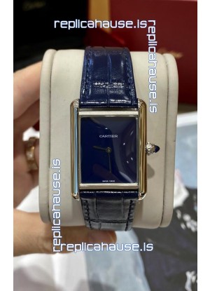 Must De Cartier Tank Edition Watch in 904L Stainless Steel Casing Dark Blue Dial
