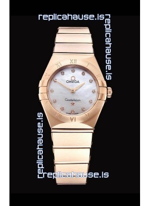 Omega Constellation Ladies Swiss Quartz 1:1 Mirror Replica - Rose Gold Casing White Pearl Dial