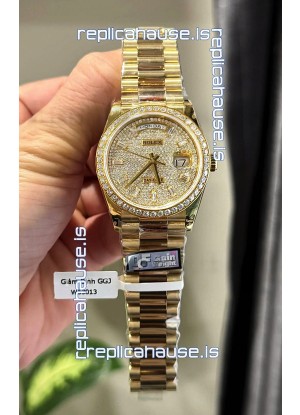 Rolex Day Date Super Clone Yelllow Gold Plated Custom Modified Diamonds Paved Watch 