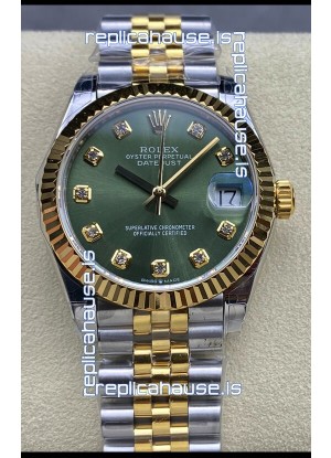 Rolex Datejust 31MM Swiss Watch in 904L Steel Two Tone Yellow Green Dial 1:1 Mirror Replica