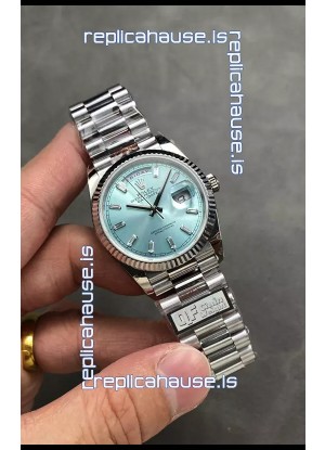 Rolex Day Date Super Clone Stainless Steel Ice Blue Dial Crystal Numerals Watch 36MM - 1:1 Mirror Quality