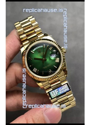 Rolex Day Date Super Clone Yellow Gold Green Dial Roman Numerals Watch 36MM - 1:1 Mirror Quality