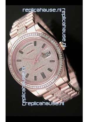 Rolex Day Date Japanese Automatic Rose Gold Watch in Diamond Bracelet