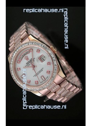 Rolex Oyster Perpetual Day Date Swiss Rose Gold Automatic Watch in White Mother of Pearl Dial