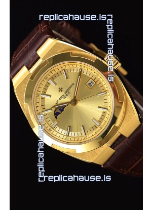 Vacheron Constantin Overseas MoonPhase Yellow Gold Swiss Watch in Brown Strap