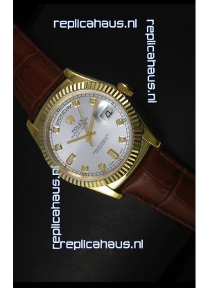 Rolex Day Date 36MM Yellow Gold Swiss Replica Watch - Silver Dial 