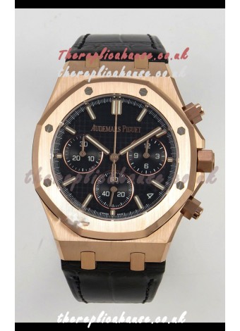 Royal Oak Chrono 26240 Rose Gold Black Dial Leather Strap Super Clone Watch 