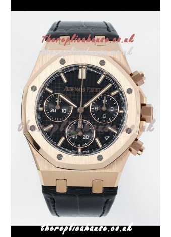 Royal Oak Chrono 26240 Rose Gold Black Dial Leather Strap Super Clone Watch 