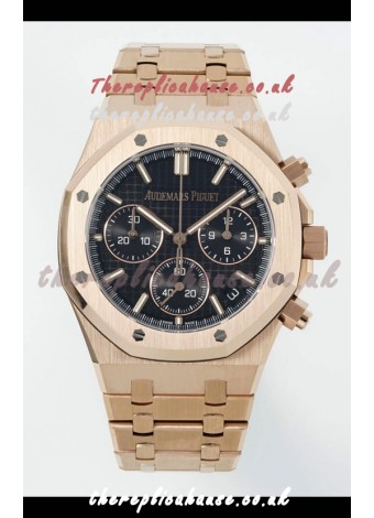 Royal Oak Chrono 26240 Rose Gold Strap in Black Dial Super Clone Watch 