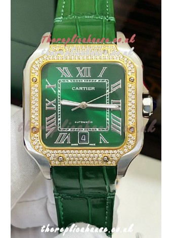 Cartier Santos De Cartier Green Dial Diamonds Two Tone Swiss Replica Watch 