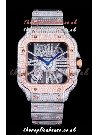 Cartier "Santos De Cartier" Skeleton moissanite Paved Super Clone Watch 