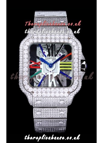 Cartier "Santos De Cartier" Skeleton moissanite Paved Super Clone Watch 