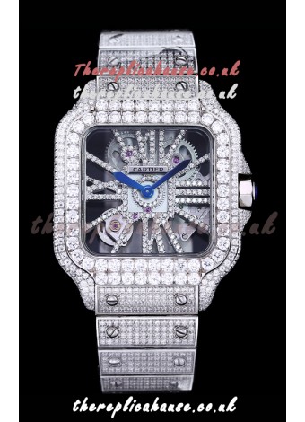 Cartier "Santos De Cartier" Skeleton moissanite Paved Super Clone Watch 