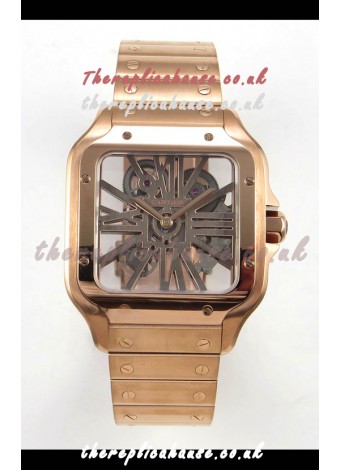Cartier Santos Rose Gold Skeleton Dial Super Clone Watch 
