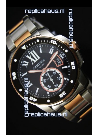 Calibre De Cartier Watch 42MM Black Dial Two Tone Case - 1:1 Mirror Replica Watch