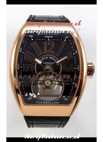 Franck Muller V45 Tourbillon Rose Gold Black Dial Brown Leather Super Clone Watch 