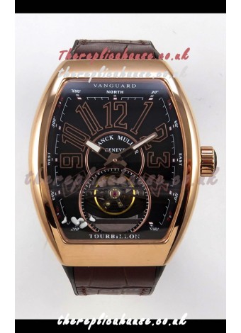 Franck Muller V45 Tourbillon Rose Gold Black Dial Black Leather Super Clone Watch 