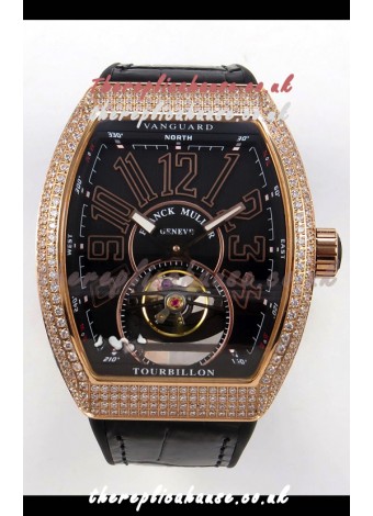 Franck Muller V45 Tourbillon Rose Gold Diamonds Black Strap Super Clone Watch 