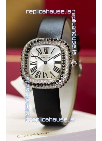 Coussin De Cartier Steel Watch Swiss Replica Watch Black Strap 