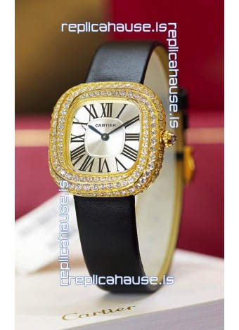 Coussin De Cartier Yellow Gold Swiss Replica Watch Black Strap 
