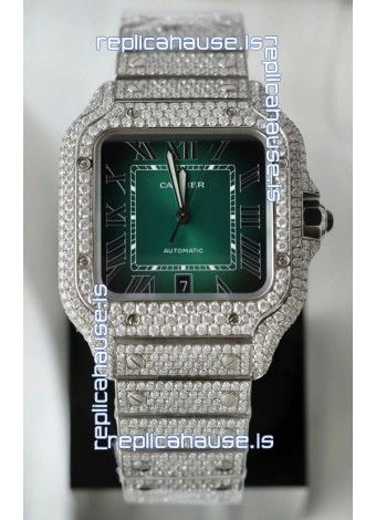 Santos De Cartier Watch in Green Dial MOSSANITES Paved Edition Swiss Replica Watch