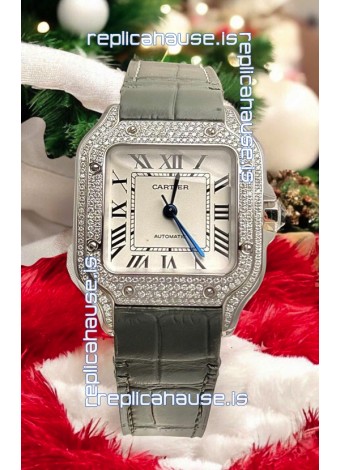 Santos De Cartier Watch in White Dial 39.50MM MOSSANITES Paved Bezel Swiss Replica Watch