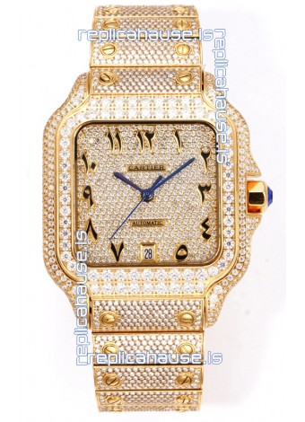 Cartier "Santos De Cartier" Yellow Gold W/ Diamonds Arabic Dial 1:1 Mirror Replica - 40MM - Genuine Diamonds